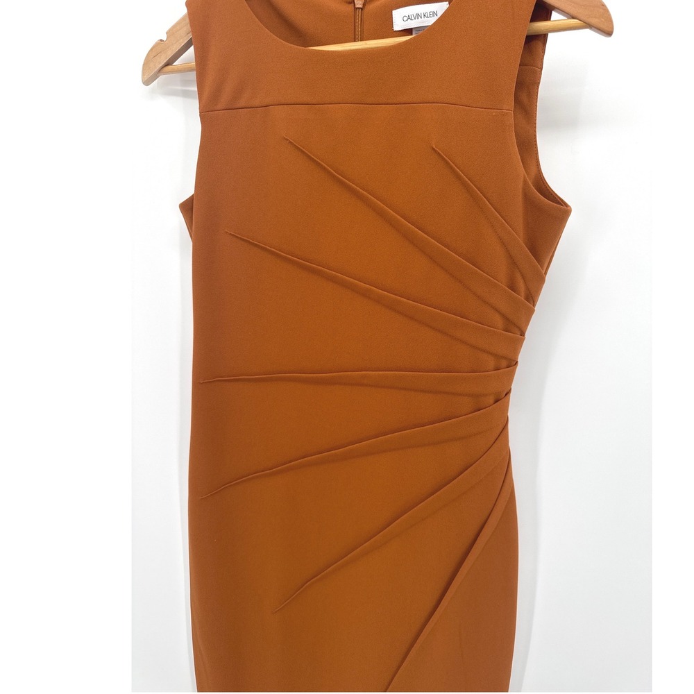Calvin Klein Sheath Midi Dress Women's 4 Orange Rust Sunburst Pleated Sleeveless - Picture 3 of 9